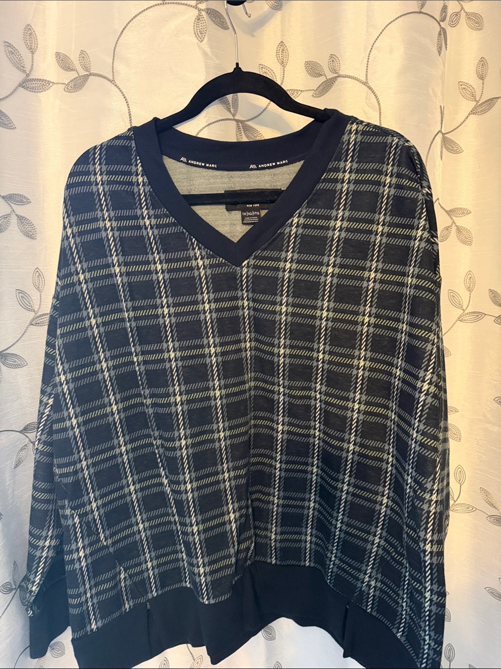 Andrew Marc Navy Plaid V-Neck Sweater